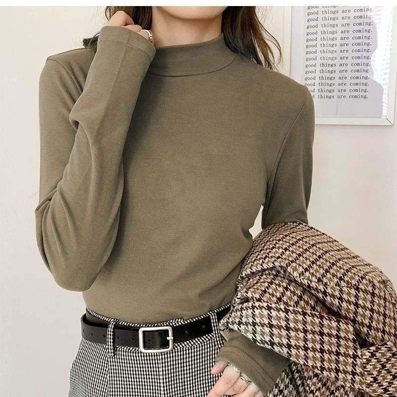 双面德绒打底衫半高领女秋季内搭加绒上衣新款洋气百搭纯色长袖款
