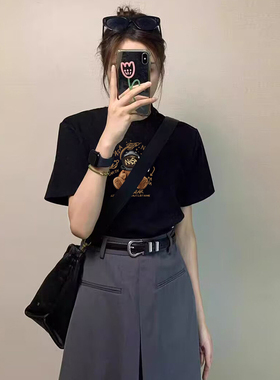 黑色T恤女短袖夏季2023新款韩版宽松ins潮半袖体恤设计感小众上衣