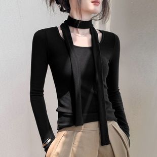 打底衫 轻奢显瘦修身 上衣 T恤女小众设计韩版 潮牌通勤飘带方领长袖