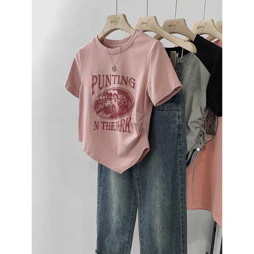 粉色不规则短款纯棉小众T恤女夏