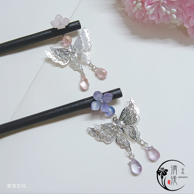 天官赐福周边衍生花城谢怜镂空银蝶水滴发簪发钗u钗汉服配饰cos仙