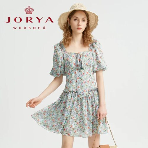 卓雅周末夏季新款甜美方领荷叶边碎花连衣裙女EJWCBR91-1880元