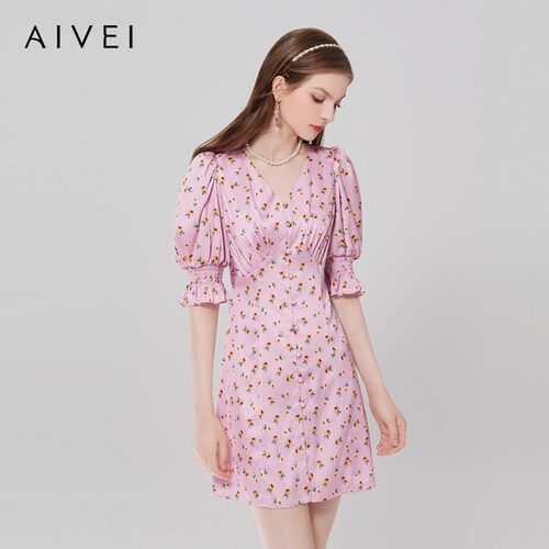 AIVEI欣贺艾薇 夏季新品 复古气质V领抓褶显瘦碎花连衣裙Q036S110