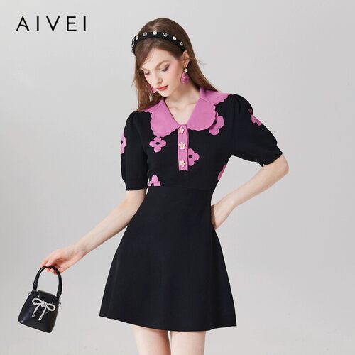 AIVEI/艾薇2023春季短袖收腰针织连衣裙专柜正品Q016S036-1680