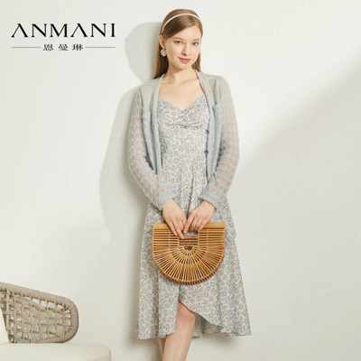 ANMANI恩曼琳春碎花印花抽褶高腰长款吊带连衣裙EANDAH73-1680元