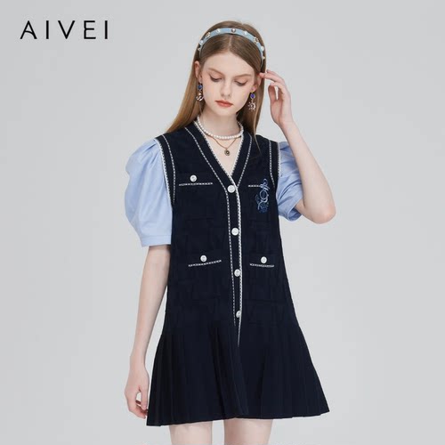 AIVEI/艾薇2023春季泡泡袖针织连衣裙专柜正品Q0160081-2180