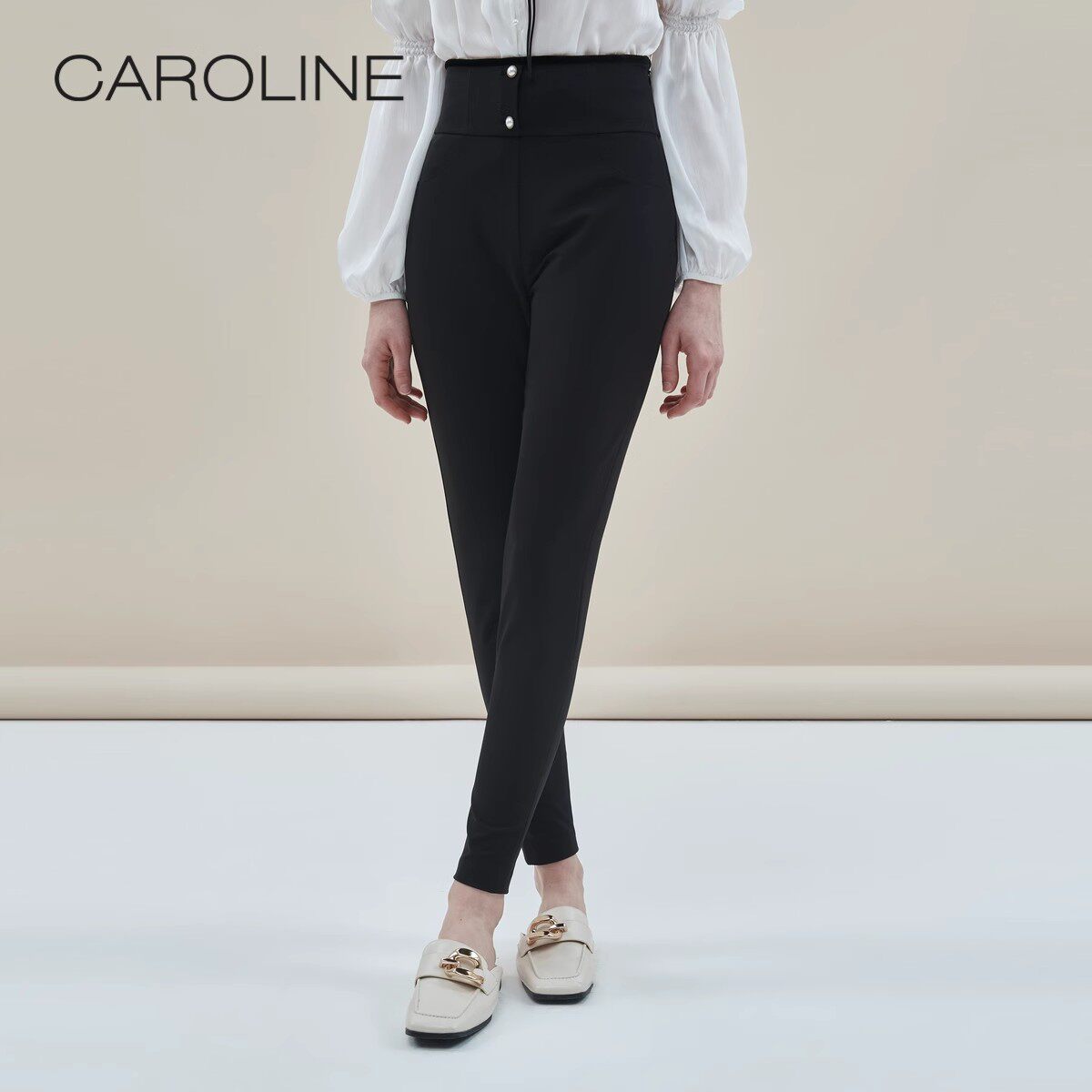 CAROLINE卡洛琳秋季新款通勤OL高腰修身黑色窄管紧身裤休闲裤ECRC