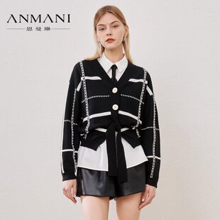 ANMANI恩曼琳 秋季新款撞色格纹V领针织衫开衫外套EANCCA40-1680