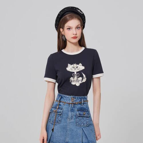 AIVEI欣贺艾薇夏季新品美式减龄甜酷休闲正肩猫咪T恤上衣Q0360266