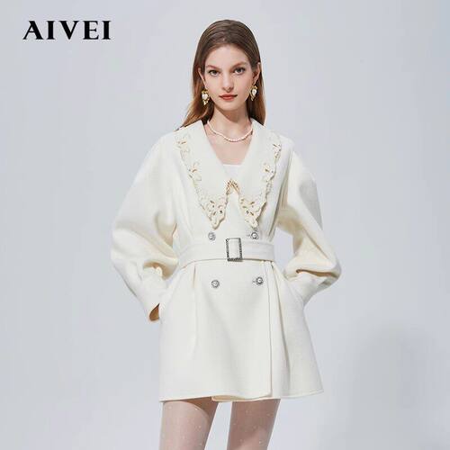 AIVEI/艾薇 21冬季新品翻领收腰中长版双面呢女大衣N0660028-3380