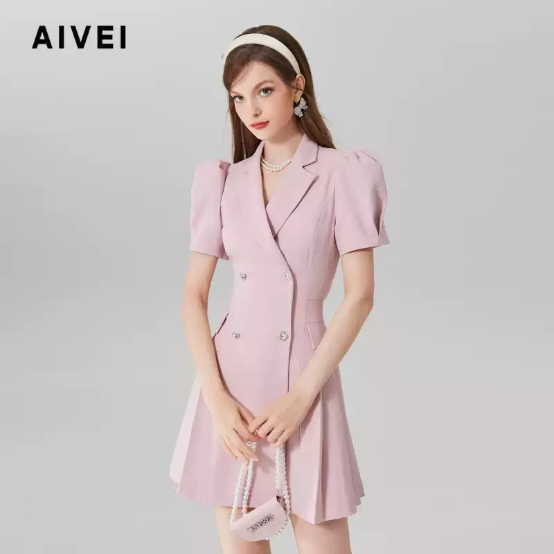 AIVEI/艾薇2023夏季双排扣西装百褶连衣裙专柜正品Q036S077-1980