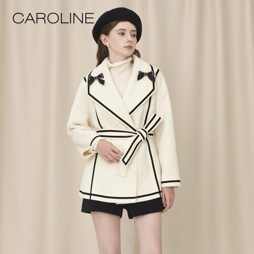 CAROLINE卡洛琳22秋冬新款翻领撞色系带收腰毛呢外套ECRCDB66