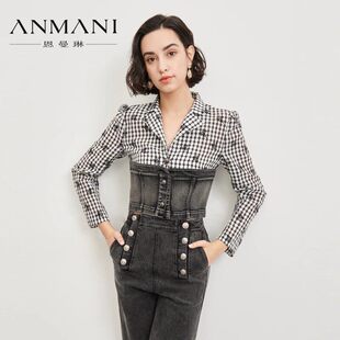 ANMANI恩曼琳春季新品翻领格纹牛仔拼接修身短款衬衫上衣EANCAH72