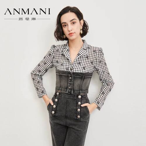 ANMANI恩曼琳春季新品翻领格纹牛仔拼接修身短款衬衫上衣EANCAH72