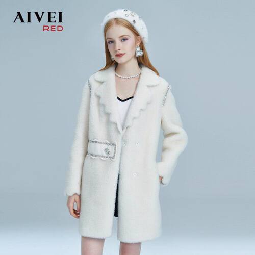 AIVEI艾薇 2022冬季新品简约白色风衣皮草大衣外套P0660134