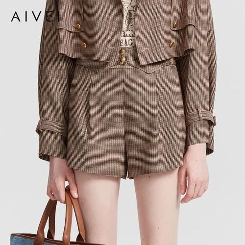 AIVEI/艾薇2023春季复古格纹高腰阔腿短裤专柜正品P711302C-1180