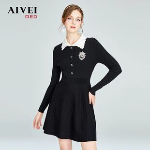 AIVEI欣贺艾薇秋季新品撞色POLO领收腰针织洋装P056S052-2180