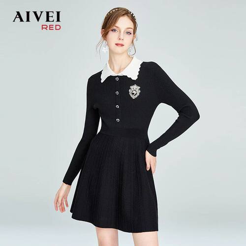 AIVEI欣贺艾薇秋季新品撞色POLO领收腰针织洋装P056S052-2180