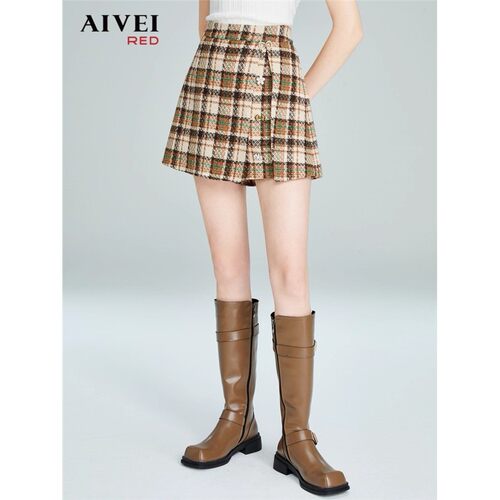 AIVEI欣贺艾薇2022秋季新款粗花呢高腰A版格纹阔腿裙裤P0560027