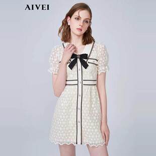 AIVEI/艾薇 气质高腰蕾丝连衣裙2021夏季专柜正品N0360097-1680