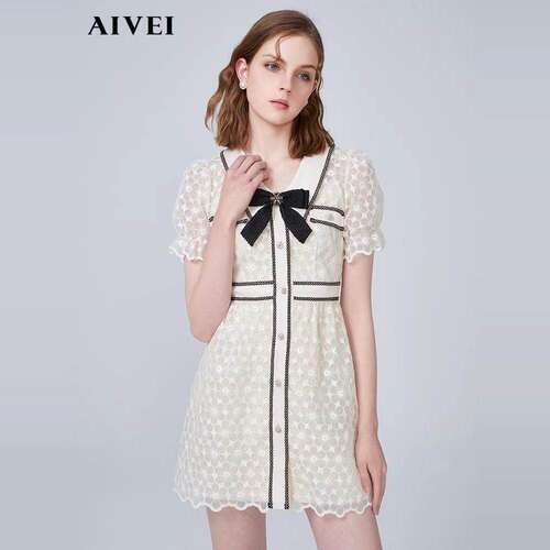 AIVEI/艾薇 气质高腰蕾丝连衣裙2021夏季专柜正品N0360097-1680