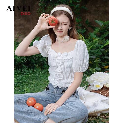AIVEI欣贺艾薇夏季新品气质甜妹浪漫荷叶边泡泡袖短上衣Q0360222
