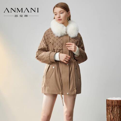 ANMANI恩曼琳 冬季新款狐狸毛领抽绳收腰派克服羽绒服EANCDB81