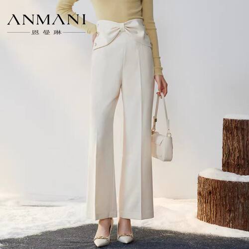 ANMANI恩曼琳 秋季新款蝴蝶结高腰直筒阔腿通勤休闲长裤EANCCA12
