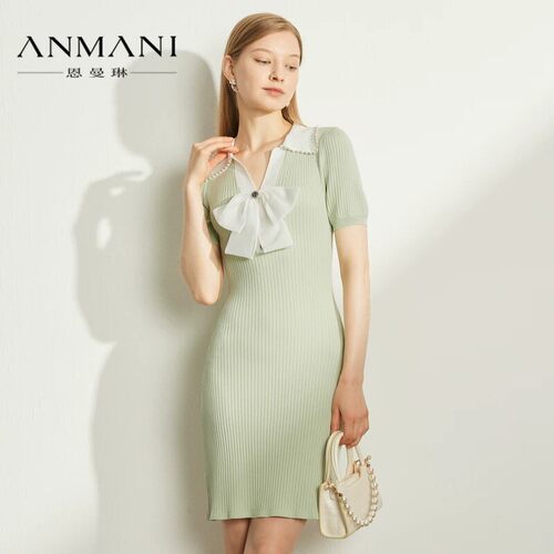 ANMANI恩曼琳春夏POLO翻领蝴蝶结修身针织连衣裙EANDAI23-1880元