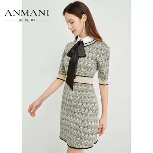 ANMANI恩曼琳春季衬衫领蝴蝶结五分袖收腰针织提花洋装EANCAI43