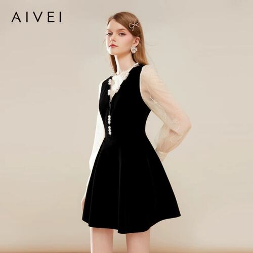 AIVEI/艾薇2023冬季网纱袖丝绒连衣裙专柜正品Q0660177-2180