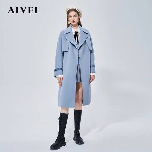 AIVEI/艾薇冬季新品简约直筒长款过膝含羊绒毛呢外套大衣N0660112