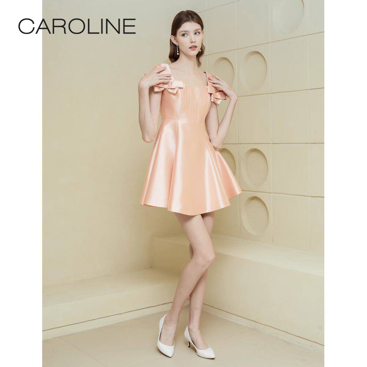 CAROLINE卡洛琳夏季新款优雅方领千金风芭比粉宴会洋装ECRDBA08