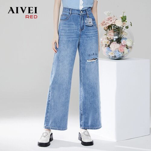 AIVEI欣贺艾薇夏季新品复古潮流浅色破洞直筒牛仔长裤Q0360032