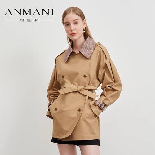 ANMANI恩曼琳春季新品格纹翻领落肩袖双排扣收腰风衣外套EANCAH63
