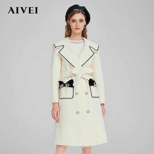 AIVEI/艾薇2021冬季小香风双排扣收腰双面呢外套女大衣N0660129
