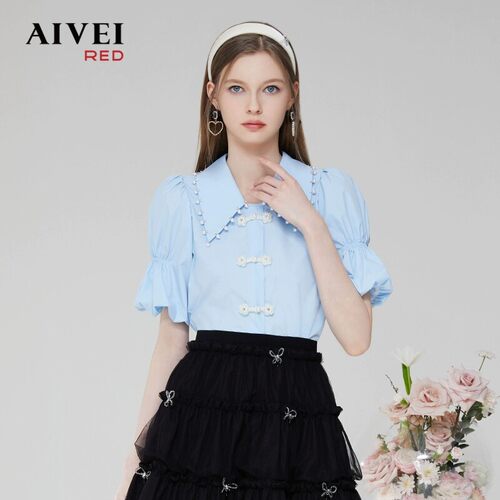 AIVEI欣贺艾薇夏季新款少女复古珍珠盘扣POLO领褶皱衬衫Q0360073