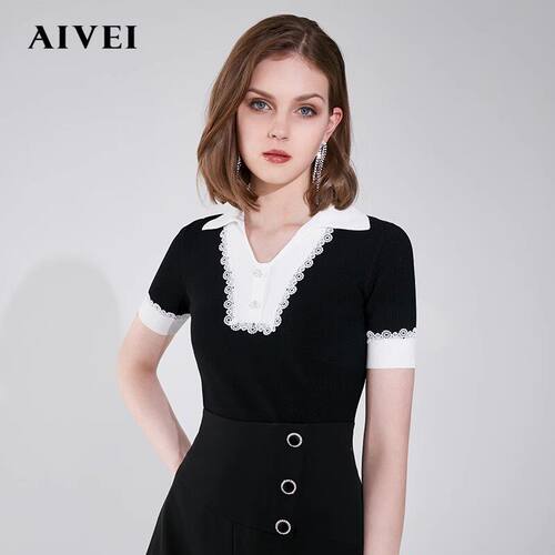 AIVEI/艾薇 修身短袖针织衫上衣2021春季专柜正品N0160026-1280