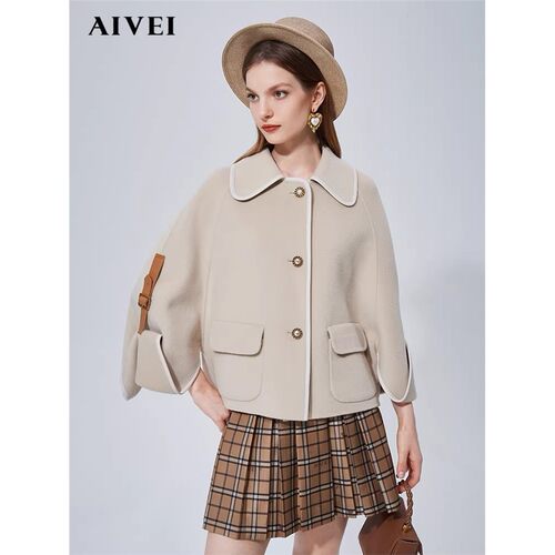 AIVEI/艾薇 21冬季新品减龄学院风拼皮双面呢毛呢外套N0660051
