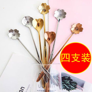 网红樱花勺子花瓣长柄咖啡勺甜品勺创意杯勺搅拌勺不锈钢花形长勺
