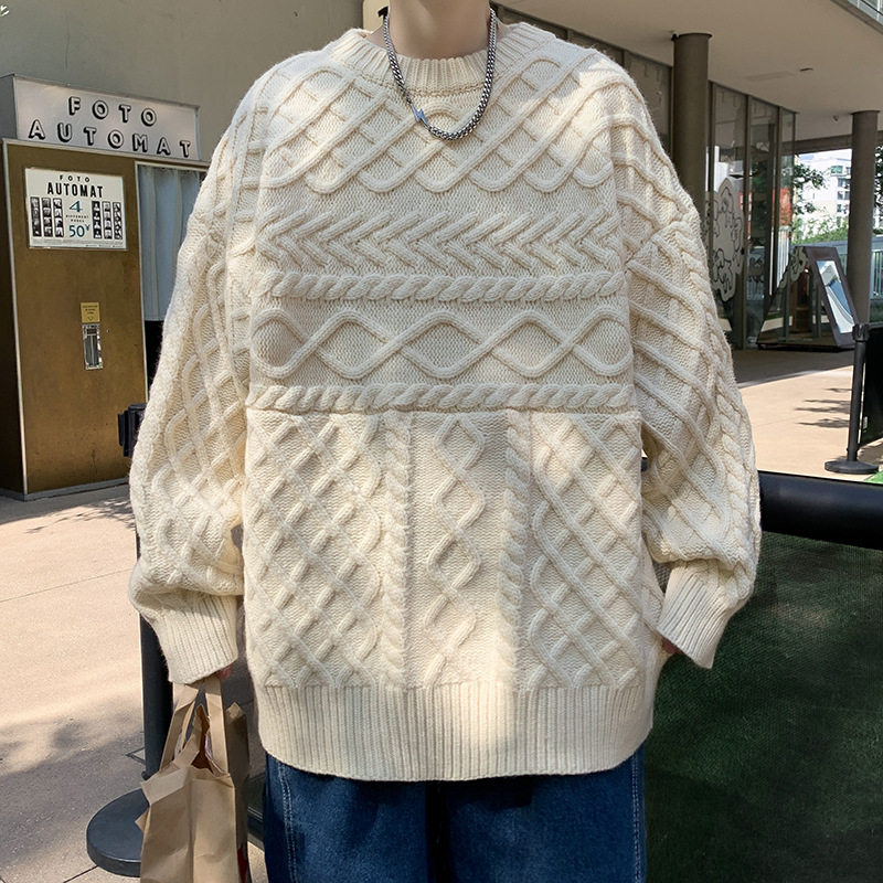 ins日系秋冬圆领套头毛衣男复古麻花针织衫宽松欧美慵懒情侣上衣