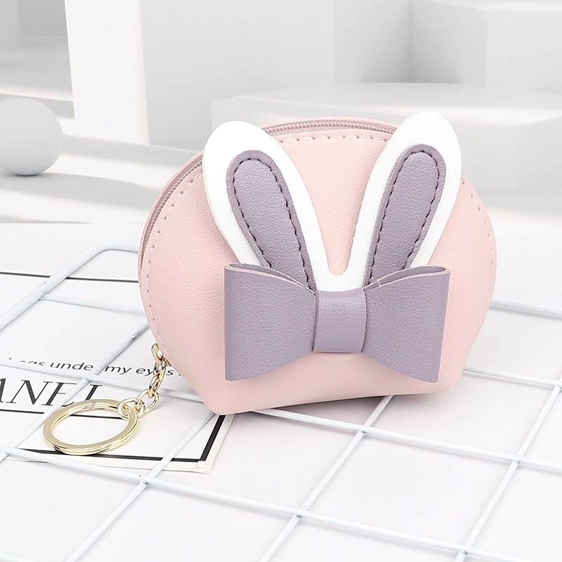 新款可爱零钱包撞色简约拉链钥匙扣蝴蝶结PU迷你小钱包口红收纳包