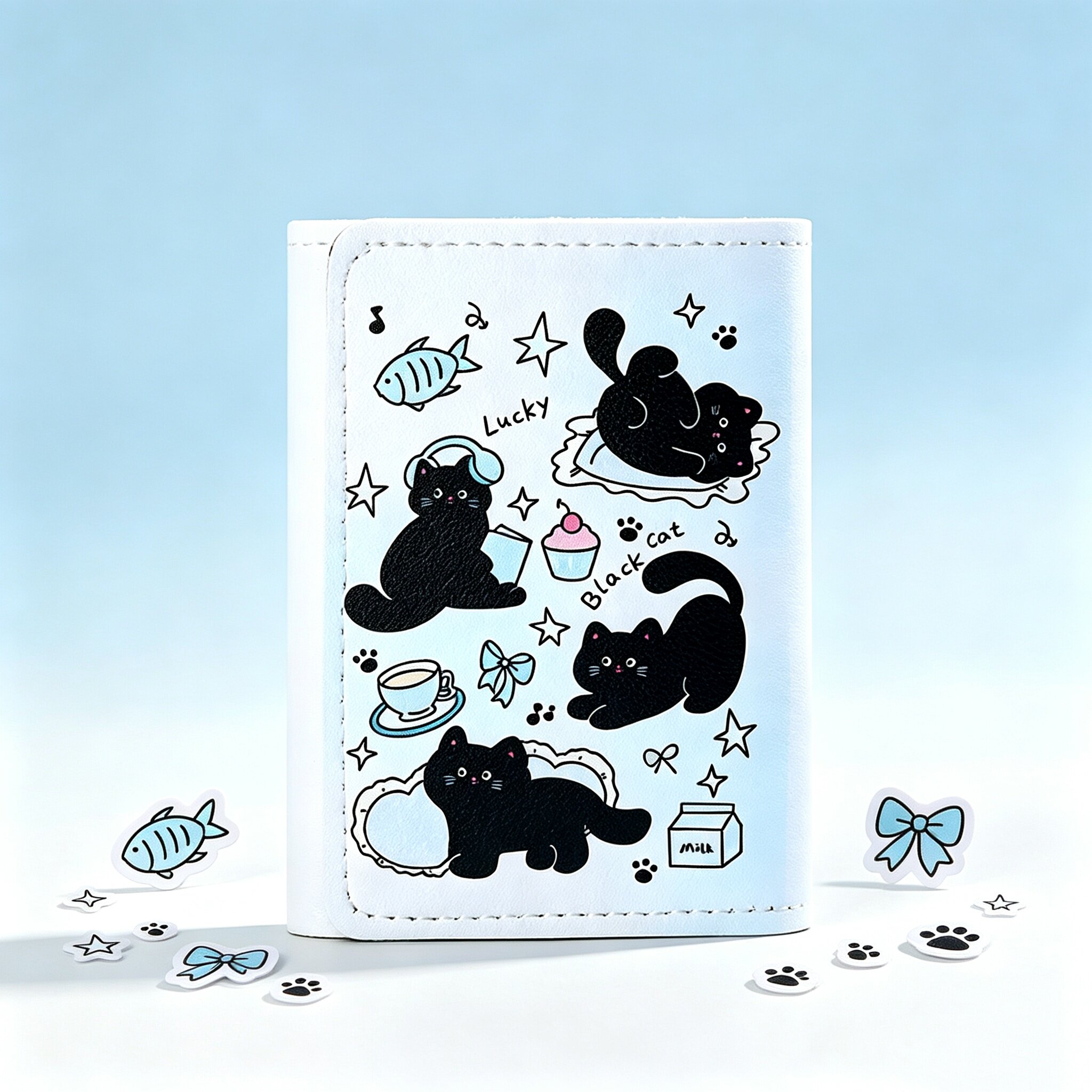 原创卡通黑猫印花迷你折叠钱包