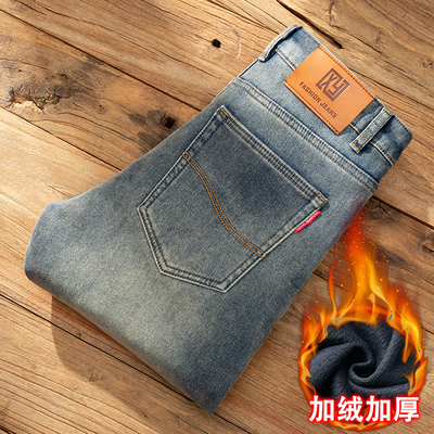 冬季加绒加厚复古牛仔裤保暖长裤