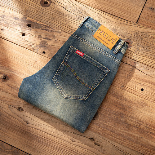 高档复古做旧牛仔裤男修身直筒弹力潮流百搭男士休闲长裤子秋冬款