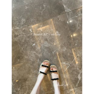 Boudd AC 复古风百搭一字带小坡跟凉拖女蝴蝶结波点露趾外穿拖鞋
