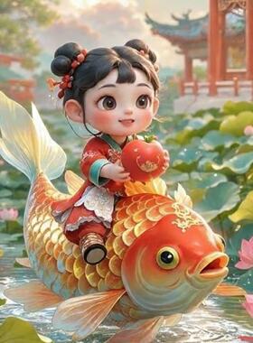 年画超萌童子娃娃贴画招财新年年年有余福娃客厅海报好运锦鲤贴纸