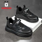 网面透气小学生休闲运动鞋 巴布豆童鞋 2024新款 春秋款 儿童黑色板鞋