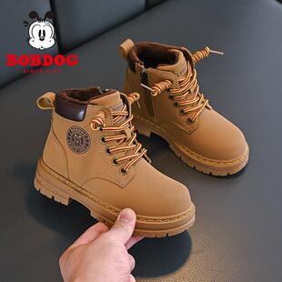 巴布豆童鞋男童二棉马丁靴2024冬季新款加绒保暖儿童棉靴男孩黄靴