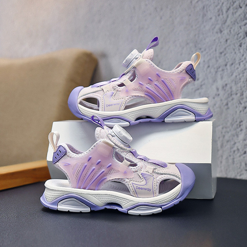 德尔惠童鞋女童包头凉鞋旋转纽扣夏季儿童防滑软底女孩运动沙滩鞋